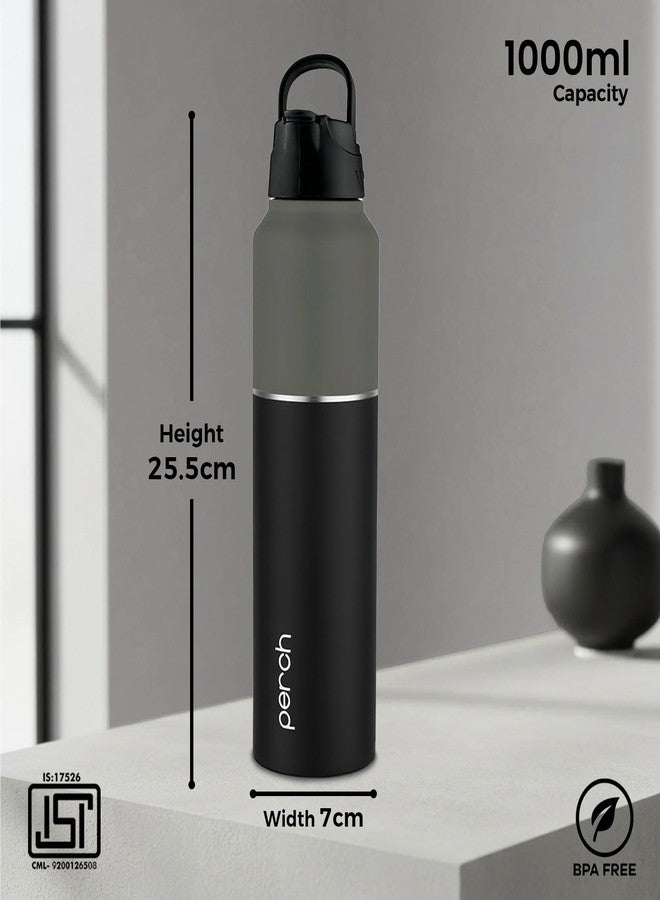 Perch Magic ISI Certified Stainless Steel Water Bottle 1 Ltr | With Dual Cap and Straw Cleaner | Single-Wall Fridge Bottle | BPA Free | Compact & Easy to Carry |For Travel, Gym, School - Black & Grey - Image 2